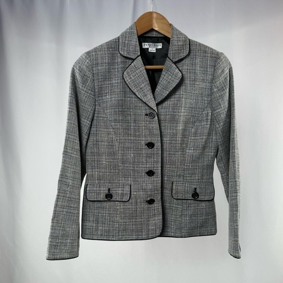Pendleton Virgin Wool Silk Blend Button Front Tweed Jacket‎ in Black Petite 4 - Picture 1 of 5